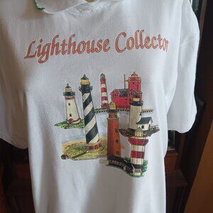 Large Vintage Cottage Granny T-shirt Lighthouse Collector Jerzees 90's Collared